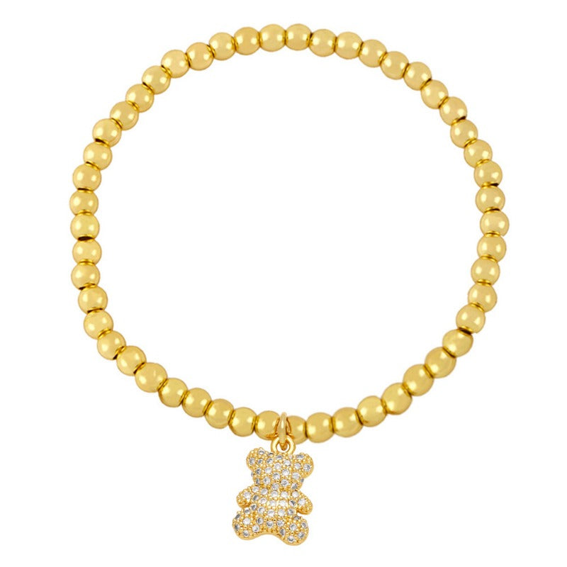 Wholesale Cute Bear Pendant Bracelet Copper Plated 18K Gold Handmade Beaded Elastic Bracelet